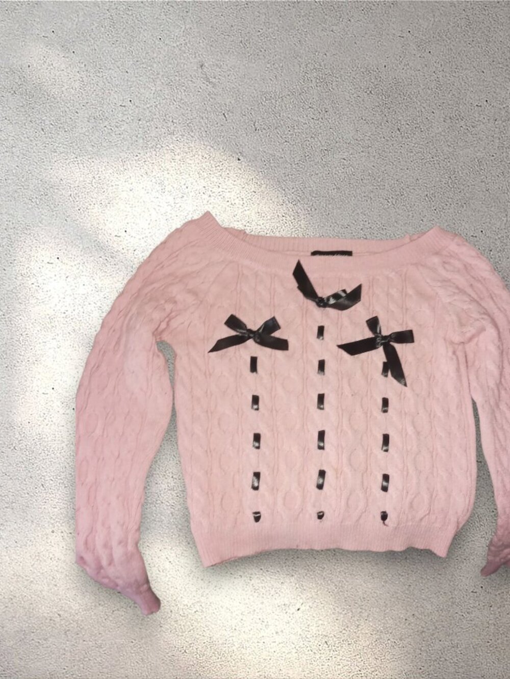 Aqua Blues Pink Cable Knit Sweater with Black Bow Detail Cropped Knit Top